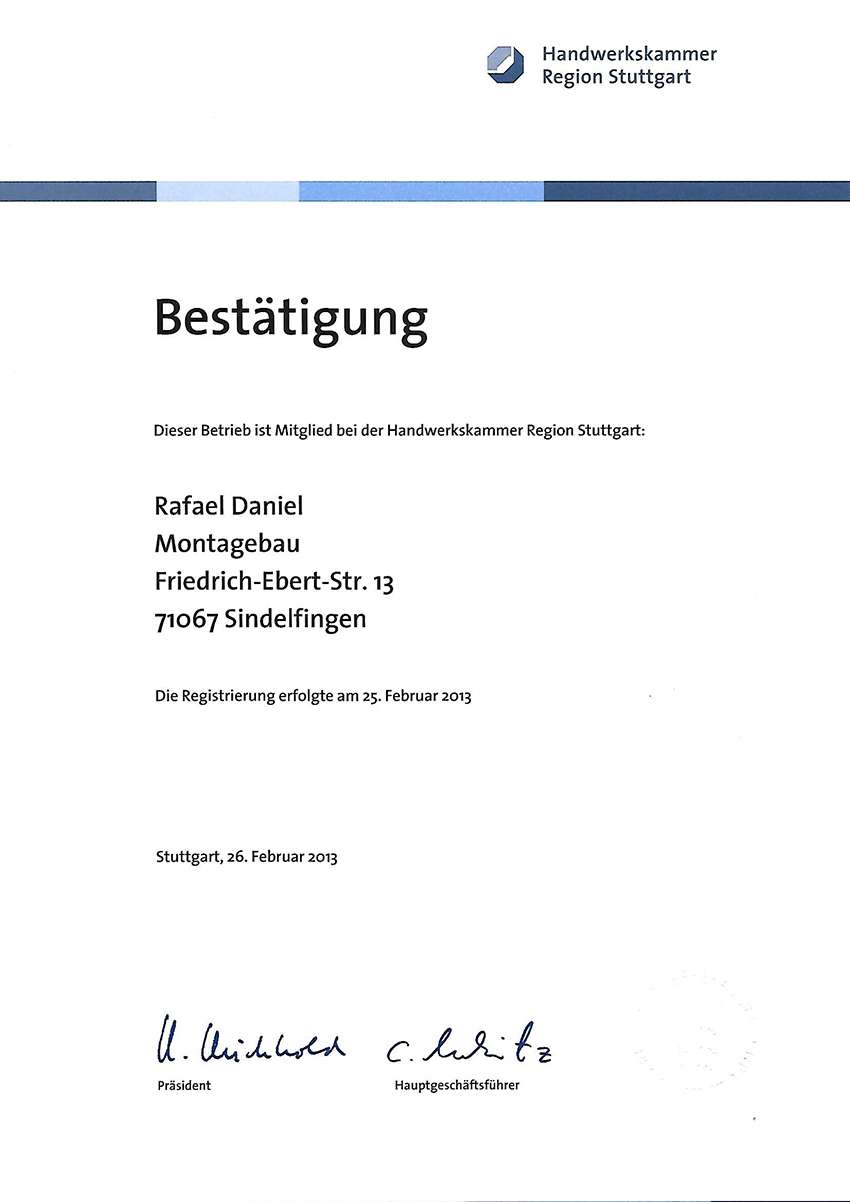 Montagebau Handwerkskammer Urkunde